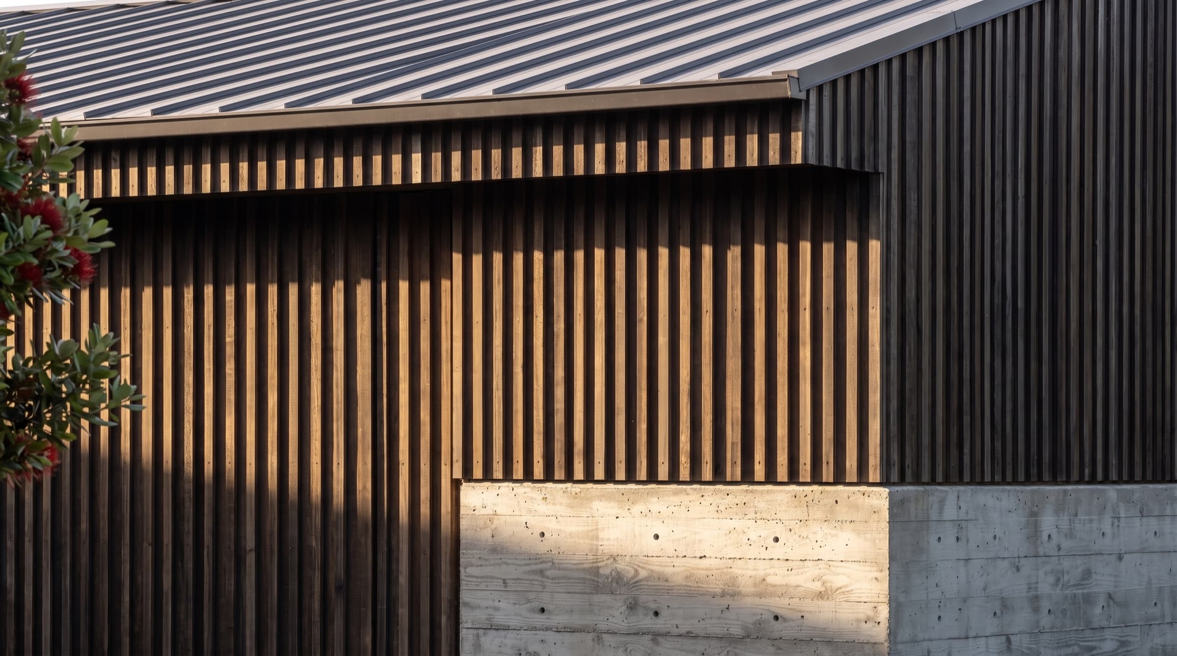 The corner where the dark-stained cedar batten wall meets the board-formed concrete base, raked by low sun