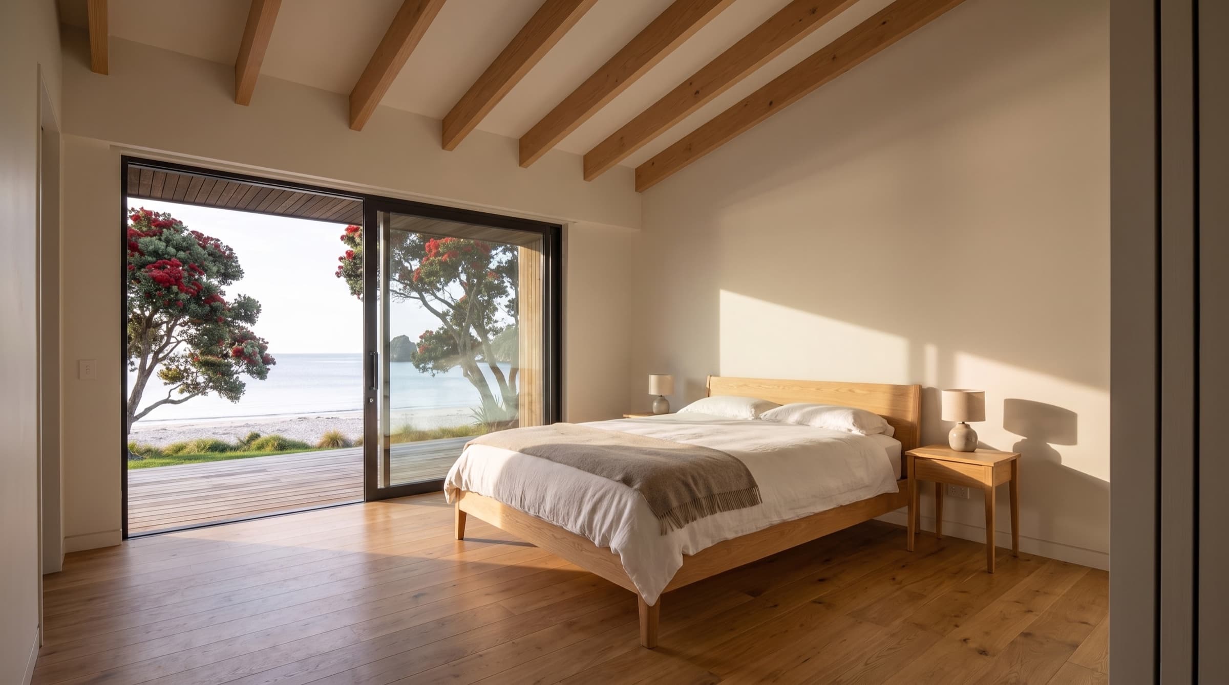 The main bedroom, a low oak bed in white linen with the seaward slider open onto a private deck
