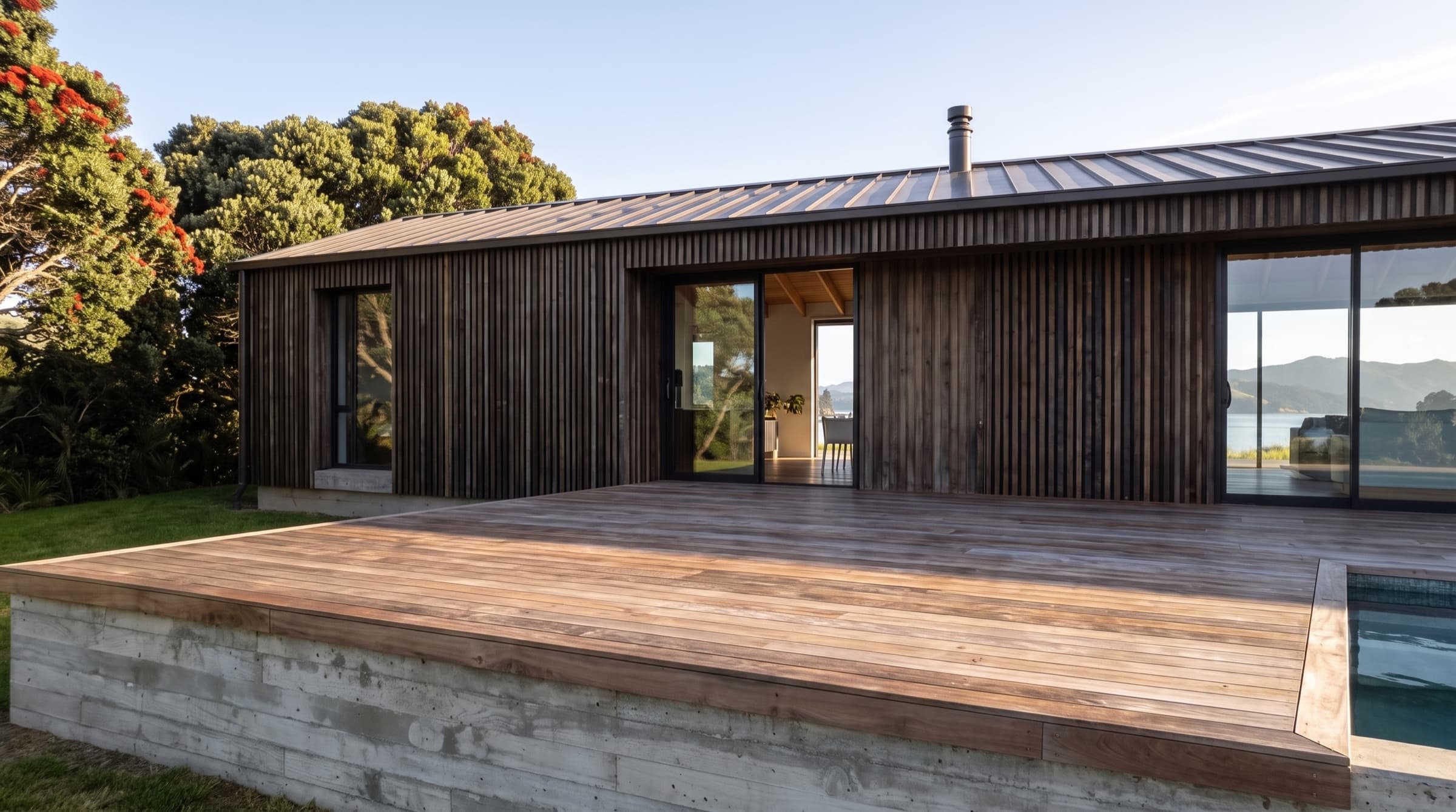 The timber deck at dawn, boards running toward the open sliders with the bay beyond the building