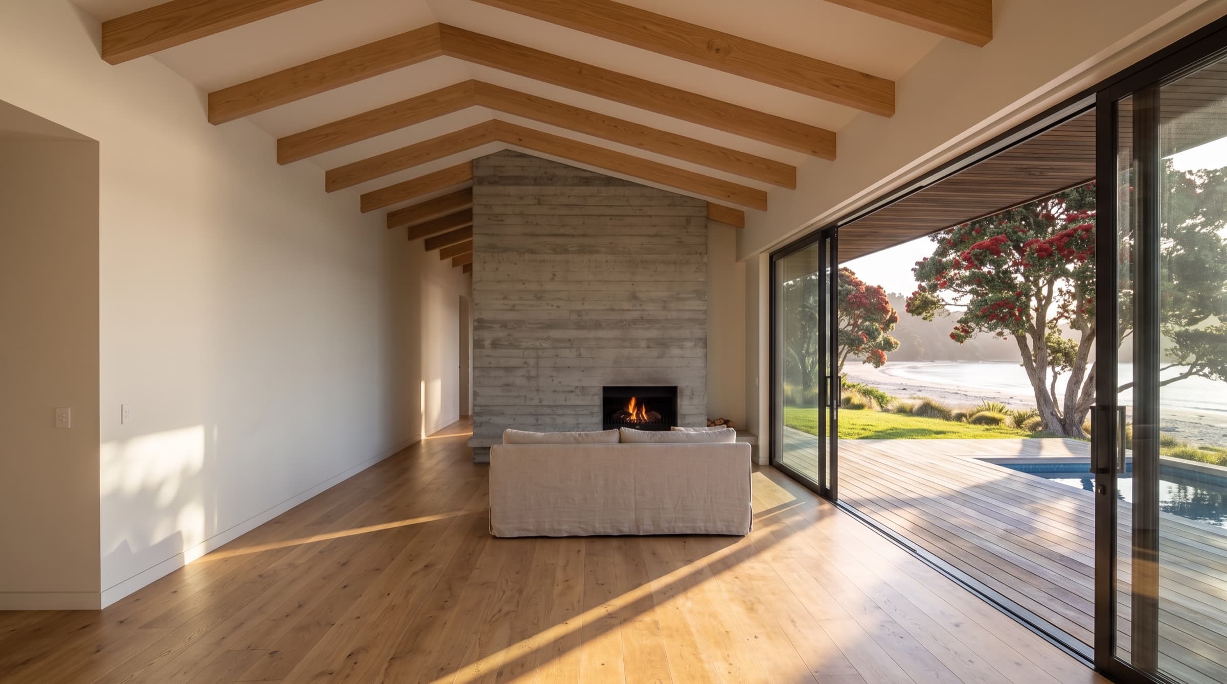 The wood burner alight against a board-formed concrete wall, with a linen sofa in front of it