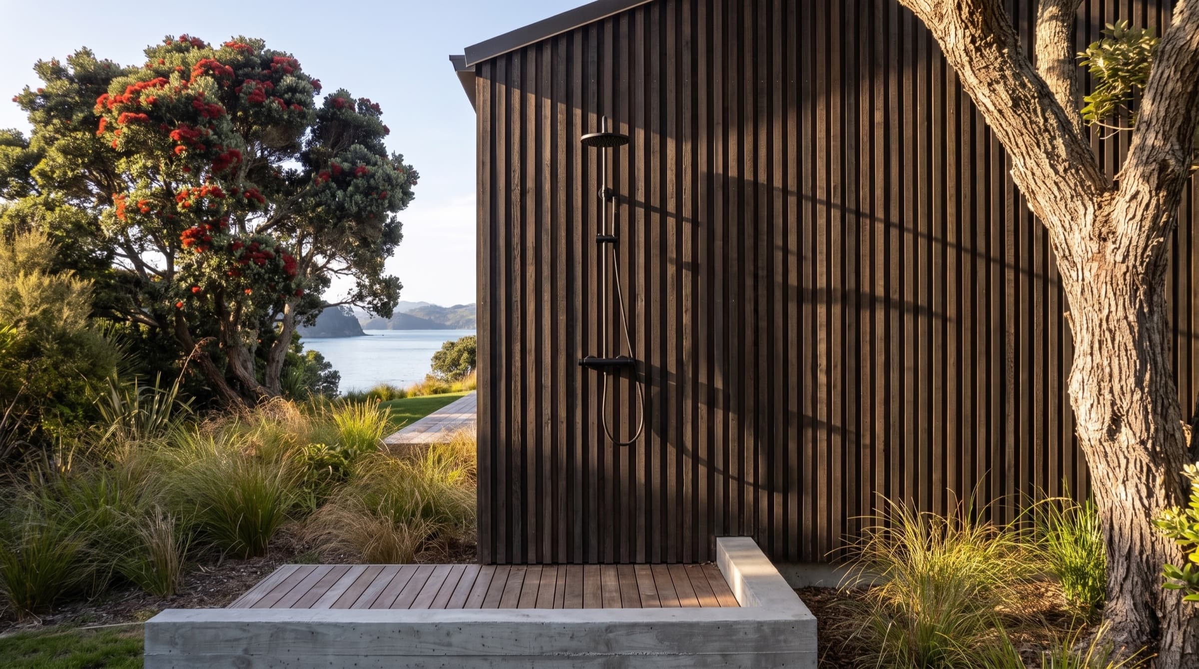 The outdoor shower on the cedar batten wall, an oak duckboard underfoot and coastal grasses beside it