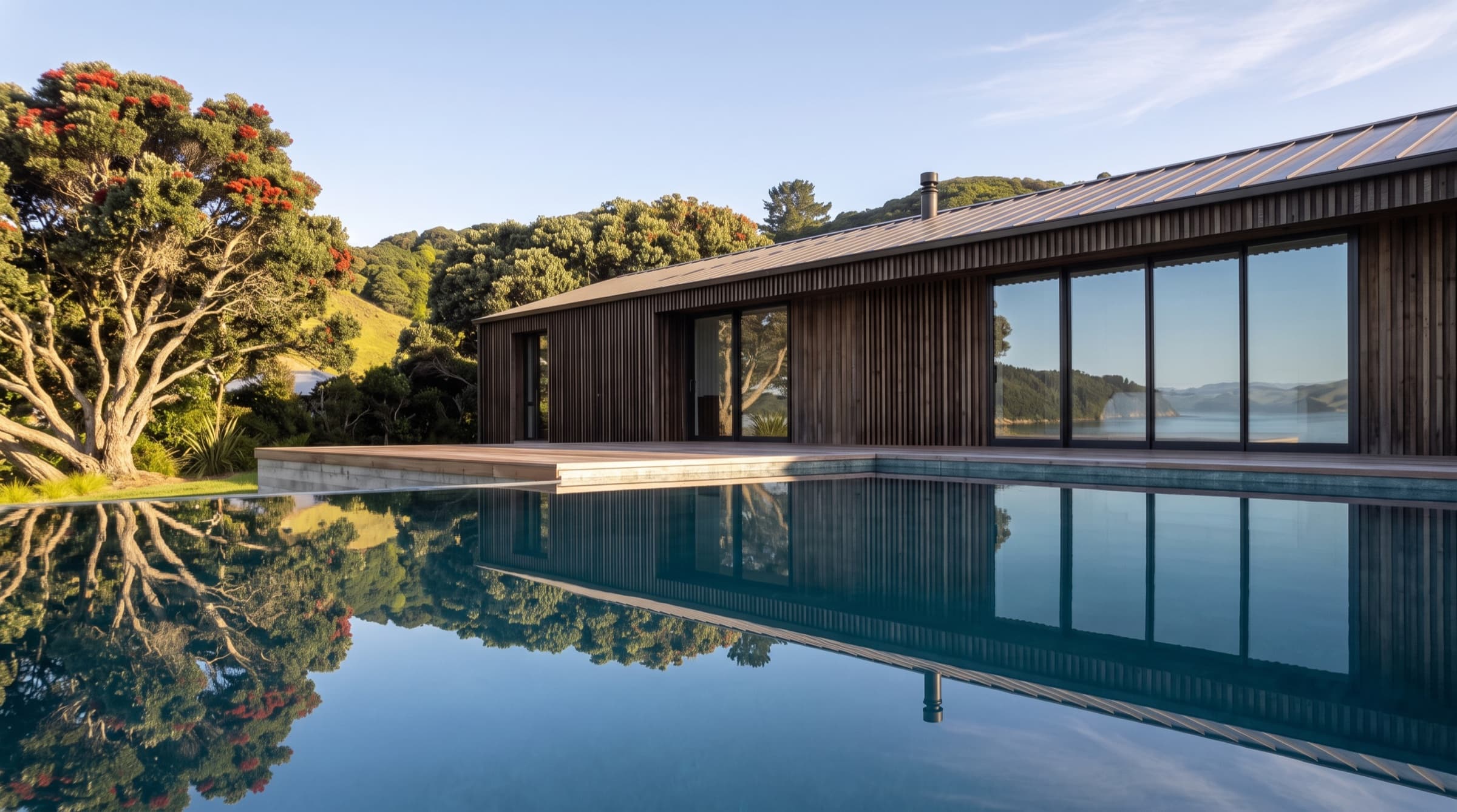 The pool at the edge of the timber deck, its flat surface lining up with the bay beyond